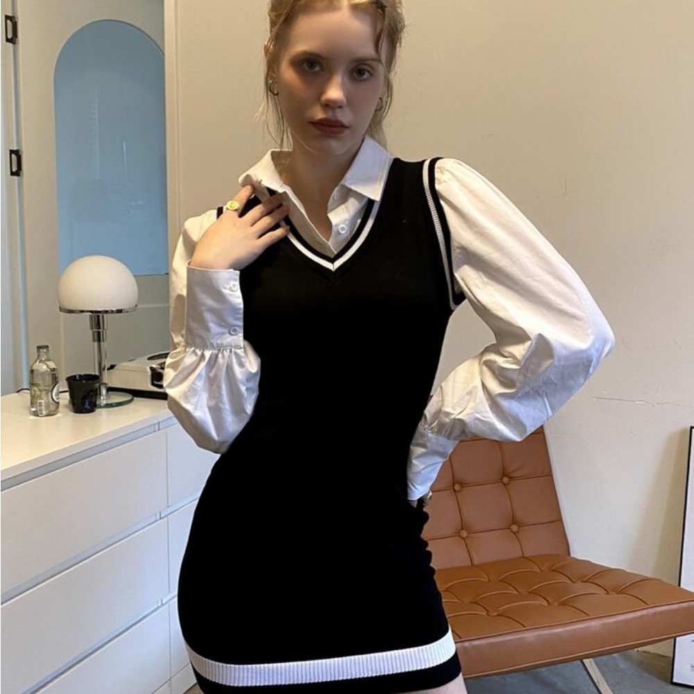Black and White Sleeveless Sweater Dress with White Blouse - Picture 3 of 3